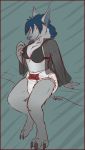  anthro blizzard_entertainment blue_hair breasts canid canine claws crys diaper female fur grey_body grey_fur hair looking_at_viewer mammal navel nipples sitting solo video_games warcraft were werecanid worgen yellow_eyes 