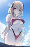  1girl arms_behind_back bangs bare_shoulders bikini blonde_hair blue_sky blush breasts cleavage closed_eyes cloud collarbone cowboy_shot day dutch_angle eyebrows_visible_through_hair fang fangs fangs_out from_below girls_frontline hair_between_eyes headgear highres hyury long_hair looking_at_viewer m4_sopmod_ii_(girls_frontline) medium_breasts multicolored_hair navel ocean red_bikini red_eyes red_hair sideboob sky sleeveless smile solo standing swimsuit underboob water 