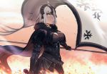  1girl 9nojo ahoge armor armored_dress bangs black_cape blush breasts cape cleavage commentary_request fate/grand_order fate_(series) fire flag from_side fur-trimmed_cape fur_collar fur_trim headpiece holding holding_flag jeanne_d&#039;arc_(alter)_(fate) jeanne_d&#039;arc_(fate)_(all) large_breasts looking_at_viewer red_cape short_hair silver_hair smile solo yellow_eyes 