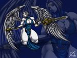  big_breasts breasts cleavage clothed clothing feathered_wings feathers female hi_res humanoid melee_weapon osmar-shotgun polearm solo spear weapon winged_humanoid wings 
