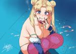  1girl 2020 bare_shoulders bishoujo_senshi_sailor_moon blonde_hair blue_eyes blush breasts cigarette cleavage collar commentary_request condom cum dated earrings fishnet_legwear fishnets jewelry long_hair looking_at_viewer medium_breasts mizuryuu_kei moon_earrings pink_legwear sailor_moon sailor_moon_redraw_challenge signature skindentation smoking solo squatting thighhighs topless tsukino_usagi twintails used_condom v 