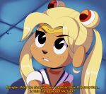  absurd_res anthro blonde_hair canid canine canis cosplay dialogue disney domestic_dog ducktales_(2017) female hair hi_res mammal meme npczoey redraw sailor_moon_(series) serafuku solo 