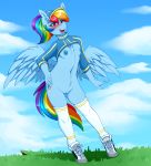  2020 anthro areola blue_nipples blush bottomless breasts casual_exposure clothed clothing cutie_mark digital_media_(artwork) equid equine eyebrows feathered_wings feathers female footwear friendship_is_magic genitals hat headgear headwear hi_res legwear mammal my_little_pony nipples one_eye_closed open_mouth outside pegasus pussy rainbow_dash_(mlp) raised_clothing raised_shirt replica_(artist) shoes solo thigh_highs wings 