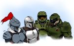  4boys armor bd77 blue_background crossover din_djarin doom_(game) doomguy english_commentary faceless faceless_male goblin_slayer goblin_slayer! halo_(game) looking_ahead looking_to_the_side master_chief me_and_the_boys multiple_boys plume power_armor spartan_(halo) star_wars the_mandalorian trait_connection visor 
