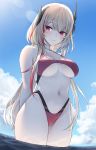  1girl arms_behind_back bangs bare_shoulders bikini blonde_hair blush breasts closed_eyes cloud collarbone cowboy_shot day dutch_angle eyebrows_visible_through_hair fang fangs fangs_out from_below girls_frontline hair_between_eyes headgear highres hyury long_hair looking_at_viewer m4_sopmod_ii_(girls_frontline) medium_breasts multicolored_hair navel red_bikini red_eyes red_hair sideboob sky sleeveless smile solo standing swimsuit underboob water 