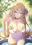  1girl armpits bare_shoulders blonde_hair blue_eyes blurry blush breasts choker cleavage closed_mouth collarbone cowboy_shot depth_of_field elf flower from_above hair_between_eyes hair_flower hair_intakes hair_ornament hand_in_hair highres large_breasts leaf leaning_back long_hair looking_at_viewer nipples original outdoors plant pointy_ears see-through smile solo stone thighlet twitter_username very_long_hair water wet zeroshiki_kouichi 