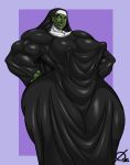  clothed clothing fangs female green_body hand_on_hip hi_res nipple_outline nun orc osmar-shotgun solo wide_hips 