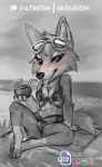  2020 animal_crossing anthro audie_(animal_crossing) beach beverage bikini blush canid canine canis cheek_tuft clothing detailed_background eyewear facial_tuft female fur head_tuft holding_beverage holding_object mammal nintendo outside sea seaside sitting skeleion sky solo sunglasses swimwear tongue tongue_out tuft video_games water wolf 