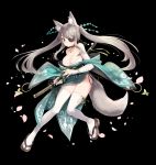  1girl absurdres animal_ear_fluff animal_ears bandaged_arm bandages bare_shoulders black_background black_choker black_panties bra breasts cherry_blossoms choker cleavage eyepatch fox_ears fox_girl fox_tail full_body glint green_eyes green_kimono highres holding japanese_clothes katana kimono large_breasts long_hair looking_at_viewer mochirong mouth_hold off_shoulder original panties parted_lips petals sheath sheathed shide shoulder_tattoo side-tie_panties side_slit sidelocks silver_hair simple_background solo string_bra sword tabi tail tattoo thighhighs thighs twintails underwear weapon white_bra white_legwear wide_sleeves 