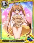  1girl animal_ears bare_shoulders blue_background blush bra breasts brown_hair card_(medium) chess_piece cleavage collarbone fox_ears fox_girl fox_tail high_school_dxd long_hair looking_at_viewer no_pants official_art orange_bra orange_panties panties purple_eyes rook_(chess) shidou_irina shirt_lift simple_background smile solo sweater tail torn_clothes twintails underwear 