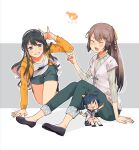  3girls annin_musou black_hair blue_hair blush brown_eyes brown_hair closed_eyes commentary_request fairy_(kantai_collection) highres kantai_collection kazagumo_(kantai_collection) long_hair multiple_girls naganami_(kantai_collection) open_mouth pink_hair pointing ponytail short_hair smile triangle_mouth wavy_hair 