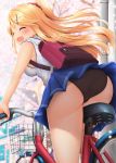  1girl ass backpack bag bare_arms bare_shoulders bicycle black_backpack black_panties blonde_hair blue_skirt blush closed_eyes commentary_request day ground_vehicle hair_ornament hairclip highres kin-iro_mosaic kujou_karen long_hair minato_(ojitan_gozaru) open_mouth outdoors panties pantyshot pink_backpack riding shirt skirt smile solo underwear white_shirt x_hair_ornament 