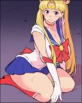  1girl absurdres blonde_hair breasts brown_eyes choker circlet cleavage commentary_request gloves heart heart_choker highres large_breasts long_hair original red_choker red_footwear sailor_moon sailor_moon_redraw_challenge satousatotototo seiza sitting skirt solo sweat thick_thighs thighs tsukino_usagi white_gloves 