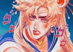  1boy amuii battle_tendency bishoujo_senshi_sailor_moon blonde_hair blue_sailor_collar blush choker clenched_teeth cosplay crescent crescent_earrings crossdressing diadem earrings from_side hair_ornament heart heart_choker highres jewelry jojo_no_kimyou_na_bouken joseph_joestar_(young) lipstick long_hair makeup male_focus menacing_(jojo) red_choker red_lipstick sailor_collar sailor_moon sailor_moon_(cosplay) sailor_moon_redraw_challenge school_uniform serafuku shirt solo sound_effects teeth twintails white_shirt 