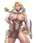  1girl blonde_hair bow breasts cleavage commentary_request dr._stone dress hair_bow halter_dress hanada_nikki hand_on_hip hip_vent holding holding_sword holding_weapon huge_breasts long_braid long_hair looking_at_viewer low-tied_long_hair muscle muscular_female no_bra reverse_grip shibusun short_sword sleeveless sleeveless_dress solo sword weapon white_background 