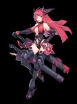  1girl absurdres armpits bare_shoulders black_background boots breasts center_opening cleavage full_body headgear highres holding large_breasts long_hair looking_at_viewer mecha_musume mechanical_arms mechanical_boots mochirong navel navel_cutout original parted_lips red_eyes red_hair revealing_clothes simple_background solo sword thigh_boots thighhighs thighs weapon 