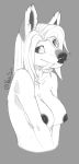  2020 anthro black_and_white breasts bust_portrait cervid chai_(venisin) fangs female hair hands_together hi_res looking_at_viewer mammal monochrome nipples nude portrait sabertooth_(anatomy) simple_background smile solo venisin water_deer white_hair 