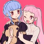  2girls arm_around_back blank_stare blue_hair braid do_m_kaeru fire_emblem fire_emblem:_three_houses garreg_mach_monastery_uniform hilda_valentine_goneril holding_arm long_hair looking_at_another marianne_von_edmund multiple_girls pink_eyes pink_hair purple_eyes red_background sidelocks simple_background upper_body 