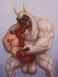  anthro avatar:_the_last_airbender balls bodily_fluids chubby_male dagapuff duo flopsie_(avatar) genital_fluids genitals goat_gorilla hi_res human hybrid interspecies licking male male/male mammal muscular nickelodeon penis precum saliva size_difference sweat tongue tongue_out 