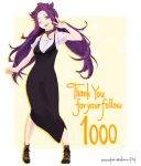  1girl alternate_costume alternate_hairstyle animal_print black_dress breasts dated dress followers full_body highres jun&#039;you_(kantai_collection) kantai_collection leopard_print long_hair one_eye_closed open_mouth purple_eyes purple_hair scarf shirt shirt_under_dress short_sleeves simple_background solo spiked_hair standing star thank_you twintails two-tone_background uka_(kikarosso25) v 