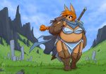  2020 anthro backpack battle_bunnies bebo big_breasts boots braided_hair breasts brown_eyes cape cleavage clothed clothing cloud conditional_dnp female footwear fur garter_straps grass hair jollyjack lagomorph leporid mammal melee_weapon obese obese_female outside overweight overweight_female rabbit red_hair rock sky solo sword tan_body tan_fur text url walking weapon 