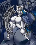  absurd_res big_breasts big_butt breasts butt clothed clothing feathered_wings feathers female hi_res huge_butt humanoid muscular muscular_female nipple_outline osmar-shotgun rear_view solo thong underwear winged_humanoid wings 