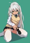 1girl antenna_hair character_request controller copyright_request fu-ta game_controller gamepad green_eyes looking_at_viewer necktie panties pantyshot school_uniform simple_background sitting solo striped striped_neckwear sweater_vest thighhighs twintails underwear wariza white_hair white_legwear white_panties 