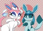  &lt;3 2017 blue_body blue_fur bow duo eeveelution eye_contact eyeshadow female female/female feral fur glaceon hi_res lipstick looking_at_another makeup nelljoestar nintendo pink_body pink_fur pok&eacute;mon pok&eacute;mon_(species) ribbons smile sylveon teeth toony video_games white_body white_fur 