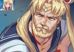  1boy 1girl bangs beard bishoujo_senshi_sailor_moon blonde_hair blue_eyes blue_sailor_collar bow bowtie breasts choker cleavage closed_mouth commentary crescent crescent_earrings crossdressing derivative_work earrings english_commentary facial_hair from_side genderswap genderswap_(ftm) hair_ornament heart heart_choker jewelry kws male_focus manly mustache parted_bangs parted_lips red_choker red_neckwear reference_work sailor_collar sailor_moon sailor_moon_redraw_challenge school_uniform screencap_redraw serafuku sweatdrop tiara twintails upper_body 