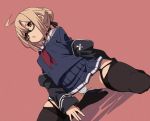  1girl ahoge artoria_pendragon_(all) black_choker black_legwear black_ribbon blonde_hair blue_skirt braid choker dutch_angle fate/grand_order fate_(series) french_braid fu-ta garter_straps glasses groin_tendon hair_ribbon kneeling looking_away mysterious_heroine_x_(alter) off_shoulder panties pantyshot ribbon school_uniform semi-rimless_eyewear serafuku skirt sleeves_past_wrists solo thighhighs thighs under-rim_eyewear underwear white_panties yellow_eyes 