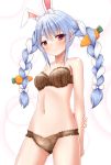  1girl animal_ears ass_visible_through_thighs bangs bare_arms bare_shoulders blue_hair blush bra braid breasts brown_bra brown_panties bunny_ears carrot_hair_ornament closed_mouth collarbone commentary_request eyebrows_visible_through_hair food_themed_hair_ornament hair_between_eyes hair_ornament highres hololive ki_(kk-sk-ray) multicolored_hair navel panties red_eyes short_eyebrows sidelocks small_breasts solo thick_eyebrows twin_braids twintails two-tone_hair underwear underwear_only usada_pekora virtual_youtuber white_hair 