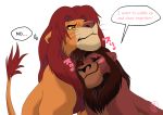  absurd_res age_difference black_nose blush cuddling disney duo english_text eyes_closed felid feral frown fur hi_res japanese_text kovu lion male male/male mammal pantherine red_eyes sasamaru simba simple_background size_difference smile speech_bubble text the_lion_king white_background 