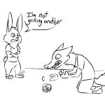  2018 angst anthro black_and_white canid canine clothed clothing crossed_arms dialogue disney duo english_text fox fully_clothed fur grilled_cheese heartbroken judy_hopps kneeling lagomorph leporid mammal mean monochrome nah_(not-an-artblog) nick_wilde plate rabbit red_fox speech_bubble text zootopia 
