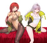  2girls absurdres ahoge bangs bodysuit breasts camisole cleavage gloves highres hime_cut jacket large_breasts last_origin looking_at_viewer midriff multiple_girls navel on_bed purple_eyes red_eyes short_shorts shorts silver_hair simple_background skulllee spaghetti_strap strap_slip t-3_leprechaun torn_clothes torn_shorts white_background x-05_emily 
