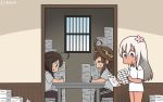  3girls =_= ahoge alternate_costume bare_legs black_pants blue_eyes braid brown_hair brown_pants casual commentary_request dark_skin dated flower from_side hair_between_eyes hair_flaps hair_flower hair_ornament hair_over_shoulder hamu_koutarou highres indoors kantai_collection kongou_(kantai_collection) long_hair looking_down multiple_girls no_pants open_mouth pants paper remodel_(kantai_collection) ro-500_(kantai_collection) shigure_(kantai_collection) shirt short_sleeves signature single_braid sitting standing straight_hair table white_shirt writing 