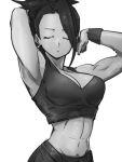  1girl arm_behind_head armpits breasts cleavage closed_eyes dragon_ball dragon_ball_super earrings greyscale hands_up jewelry kale_(dragon_ball) kemachiku medium_breasts midriff monochrome navel short_hair simple_background solo white_background 