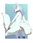  2020 4_toes amur anthro black_nose butt_pose canid canine digital_media_(artwork) eyebrows eyelashes female fox fur hair hi_res mammal nude pose purple_hair smile solo toes white_body white_fur 