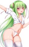  1girl blush breasts cameltoe fundoshi green_hair groin highres japanese_clothes leaning_forward long_hair murasame_(senren) navel no_pants open_mouth outstretched_arm pink_eyes ribbon senren_banka shirt simple_background skindentation small_breasts smile solo thighhighs thighs two_side_up very_long_hair white_background white_legwear white_shirt zirba 