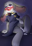  absurd_res anthro blush bodily_fluids bottomless buckteeth clothed clothing collar disney female fur genital_fluids genitals grey_body grey_fur hair hi_res judy_hopps lagomorph leporid long_ears mammal masturbation open_mouth open_smile purple_eyes pussy rabbit shock_collar simple_background smile solo teeth tongue vio023 zootopia 