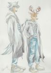  2020 anthro antlers beastars bottomwear brown_body brown_fur canid canine canis cervid cheek_tuft clothed clothing coat duo facial_tuft footwear fully_clothed fur grey_body grey_fur hi_res horn legoshi_(beastars) louis_(beastars) male mammal mizue pants shoes simple_background standing topwear tuft white_background wolf 
