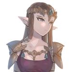  1girl arm_strap blue_eyes breasts brown_hair cleavage closed_mouth collarbone diadem hair_ribbon long_hair medium_breasts pointy_ears princess_zelda ribbon simple_background solo the_legend_of_zelda the_legend_of_zelda:_twilight_princess upper_body white_background white_ribbon yasaikakiage 