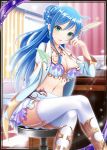  1girl akkijin aqua_eyes blue_hair bra breasts chair cleavage coat crossed_legs curtains desk earrings feathers frills hair_ornament indoors jewelry looking_at_viewer miniskirt necklace nurse official_art open_mouth pen shinkai_no_valkyrie sitting skirt stomach thighhighs underwear white_legwear 
