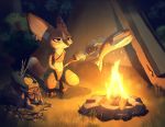  2020 absurd_res anthro blizzard_entertainment bottomwear campfire canid clothed clothing cooking detailed_background dripping ear_piercing ear_ring female fire fully_clothed fur grass hi_res light lighting mammal midriff night outside piercing pointedfox puddle shorts solo tent video_games vulpera warcraft wet 