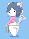  3:4 4_ears :3 anthro beady_eyes big_butt blush blush_stickers bottomless breasts butt canid canine clothed clothing dialogue english_text felid feline female fur grey_hair hair hi_res looking_back mammal measuring measuring_butt multi_ear smile solo speech_bubble sweater tape_measure tem temmie_(undertale) text thick_thighs topwear undertale video_games vono white_body white_fur wide_hips 