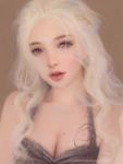  1girl a_song_of_ice_and_fire blonde_hair breasts cleavage commentary commentary_request daenerys_targaryen game_of_thrones long_hair looking_at_viewer open_mouth purple_eyes ruoxin_zhang simple_background solo tagme 