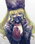  1girl bangs black-jacket black_headwear blonde_hair breasts code_vein covered_mouth csyday fur-trimmed_sleeves fur_hat fur_trim gas_mask gloves green_eyes grey_background hat long_hair long_sleeves looking_at_viewer mia_karnstein red_gloves solo twintails upper_body 