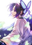  1girl absurdres aki_(mare_desiderii) black_hair bug butterfly butterfly_hair_ornament from_side gradient_hair hair_intakes hair_ornament haori highres insect japanese_clothes kimetsu_no_yaiba kochou_shinobu long_sleeves multicolored_hair profile purple_eyes purple_hair short_hair solo upper_body white_background 