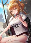  1girl :o animal_ear_fluff animal_ears anzumame arknights bangs bare_arms black_choker black_jacket black_nails blonde_hair blue_sky blush breasts candy choker cleavage cloud commentary day eyebrows_visible_through_hair food fur-trimmed_jacket fur-trimmed_shorts fur_trim hair_between_eyes hand_up highres holding holding_food jacket jacket_on_shoulders large_breasts lens_flare lion_ears lollipop long_hair looking_at_viewer nail_polish open_mouth outdoors red_shorts short_shorts shorts siege_(arknights) sitting sky solo tank_top taut_clothes thighs wariza white_tank_top yellow_eyes 