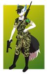  2020 5_fingers amur anthro black_hair blue_eyes canid canine clothed clothing digital_media_(artwork) ear_piercing ear_ring eyebrows eyelashes female fingers fox fur hair hi_res holding_gun holding_object holding_weapon mammal piercing smile solo weapon white_body white_fur 