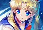  1girl bishoujo_senshi_sailor_moon blonde_hair blue_eyes blue_sailor_collar blush choker collarbone crescent crescent_earrings diadem earrings hair_bun heart heart_choker jewelry long_hair nakayama_yuuji red_choker sailor_collar sailor_moon sailor_moon_redraw_challenge sailor_senshi sailor_senshi_uniform signature solo tsukino_usagi twintails upper_body 